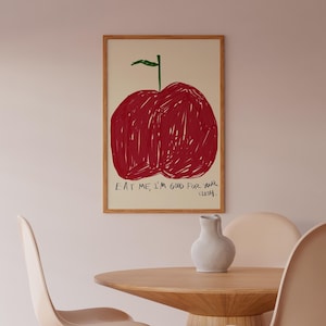 Essen Sie mich druckbare Wandkunst, Digitales Apfelplakat, Küchendekor, Funky Fruit Print, Mid Century herunterladbare Kunst