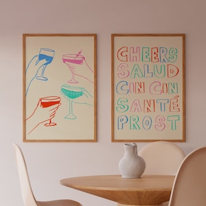 Cheers Prints Set of 2, Colorful Cocktail Poster, Printable Wall Art, Retro Drinks Art, Kitchen Wall Decor, Bar Cart Decor, Digital Download