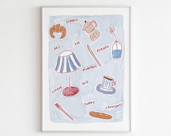 Könnte beinhalten: Ein blauer und weiß gestreifter Lampenschirm mit rotem Fuß, eine Kaffeetasse, ein Croissant, ein Messer, eine Kaffeekanne, eine Vase mit einer Blume und der Text "Sundays for peaceful mornings and yummy croissants".