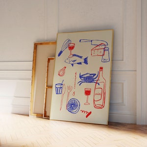 Arte de pared de cocina rojo y azul imprimible. Descarga digital de la decoración de la pared de la cocina. Impresiones de comida y bebida.