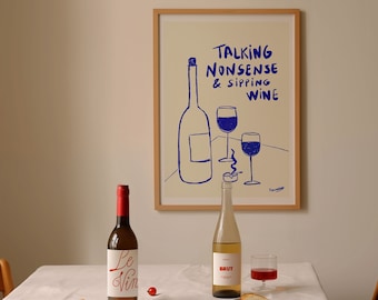 Sipping Wine Art Print: Funny Kitchen & Bar Decor