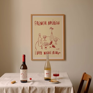 French Poster, French Aperitif Print, Wine Wall Art for Kitchen Decor, Mid Century Contemporary Art,  Aesthetic Food Poster, Bar Cart Decor