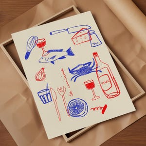 May include: A hand-drawn illustration of kitchen items in red and blue. The illustration includes a fish, a crab, a wine bottle, a glass of wine, a lemon, a fork, a knife, a whisk, a glass, an onion, a salt shaker, a piece of cheese, and a corkscrew. The text "la cucina" is written in red and blue.