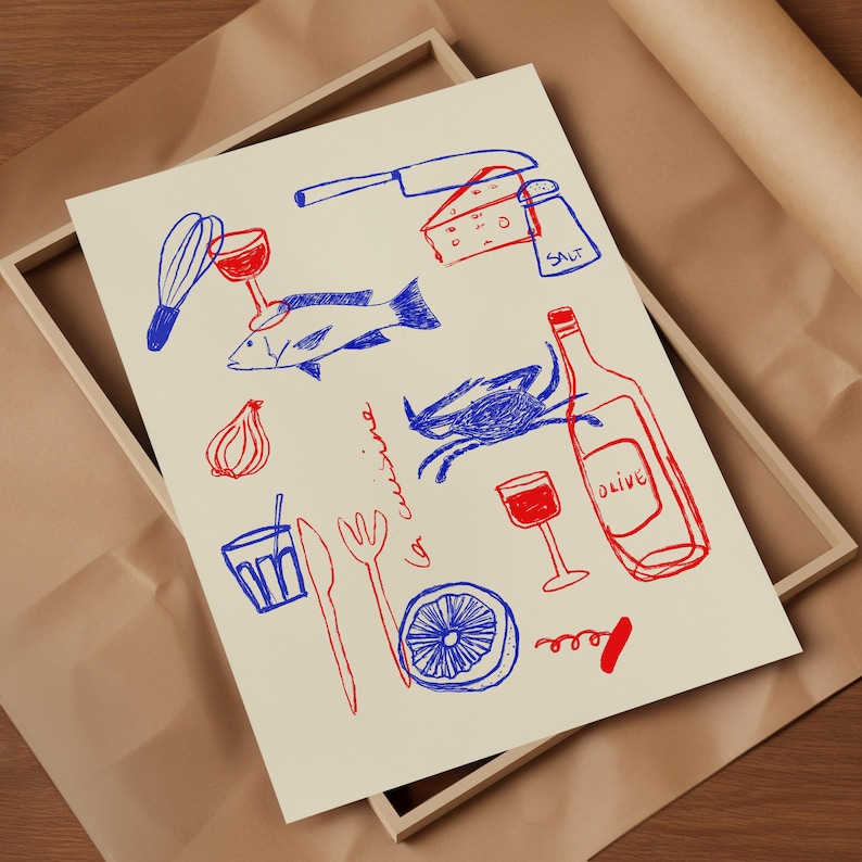 May include: A hand-drawn illustration of kitchen items in red and blue. The illustration includes a fish, a crab, a wine bottle, a glass of wine, a lemon, a fork, a knife, a whisk, a glass, an onion, a salt shaker, a piece of cheese, and a corkscrew. The text "la cucina" is written in red and blue.