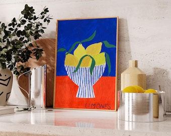 Lámina de limones, arte de limones y rayas, arte de pared moderno, decoración de pared de cocina, bonita lámina de limones, póster de limones en tamaños A5, A4, A3, A2, A1