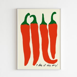 Zeer pittige chili-print, afdrukbare muurkunst, modern keukendecor, poster rode chili, funky kunstafdrukken, digitale print uit het midden van de eeuw