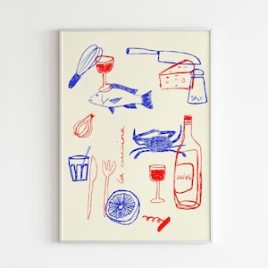 May include: A white background with a blue and red illustration of various kitchen items, including a fish, a crab, a bottle of wine, a glass of wine, a lemon, a knife, a whisk, a glass, a fork, a salt shaker, and a corkscrew. The text "la cuisine" is written in red.