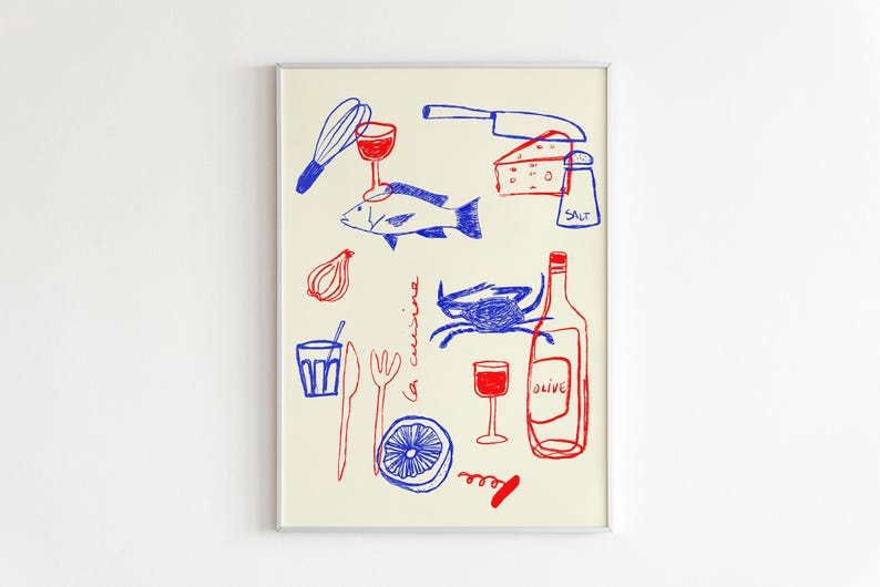 May include: A white background with a blue and red illustration of various kitchen items, including a fish, a crab, a bottle of wine, a glass of wine, a lemon, a knife, a whisk, a glass, a fork, a salt shaker, and a corkscrew. The text "la cuisine" is written in red.