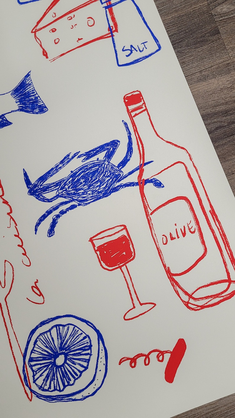 May include: A hand-drawn illustration of a wine bottle, a glass of wine, a corkscrew, a crab, a lemon, and a salt shaker. The illustration is done in red and blue ink on a white background. The wine bottle is labeled "Olive". The salt shaker is labeled "Salt".