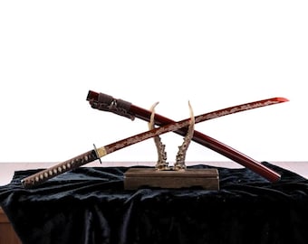 Handmade T10 High Carbon Steel Katana Sword, Full Tang Japanese Samurai Sword, Red Pattern Blade
