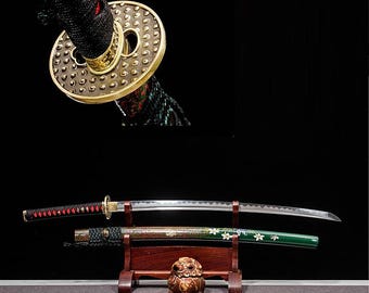 Hanzo Inspired Handmade Katana, Pattern Steel Samurai Sword, Clay Tempered Japanese Katana, Floral Lacquered Saya