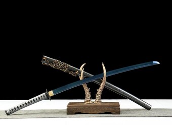 Handmade 1045 Steel Japanese Katana Sword, Blue Pattern Samurai Sword, Full Tang Sharp Katana, Traditional Japanese Sword