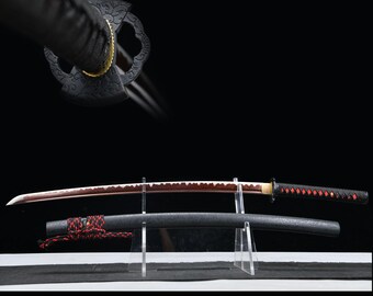 Hand Forged Shadow Katana Sword | Black Bronze Zinc Alloy Tsuba | Red & White Hamon Style Blade | Hardwood Saya | Samurai Warrior KATANA