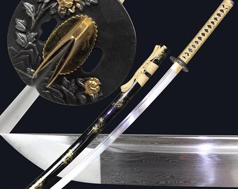 Handmade Black Straight Japanese Katana – 1095 Steel Clay Tempered Samurai Sword
