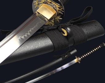 Handmade T10 Fire Hardened Ninjato Sword, Black Blade Japanese Ninja Sword, Full Tang Samurai Katana, Floral Steel Collector Sword