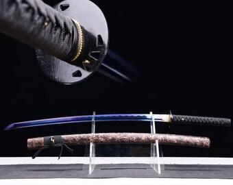 Carbon Steel Samurai Sword, 1060 Full Tang Katana Display Sword, Blue Warrior Qi Shi Handmade Japanese Style Katana