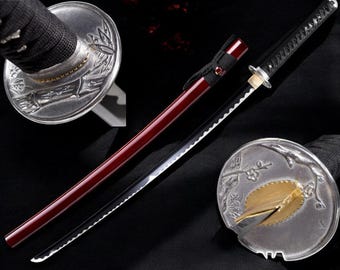 Handmade 1060 Steel Samurai Katana | Full Tang Japanese Sword | Hand Forged Training & Display Katana | Red Pattern Blade