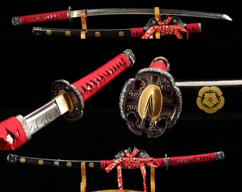Hand Forged T10 Steel Katana sword | Samurai Sword Clay Tempered Red Tachi Hamon Display Sword Handmade