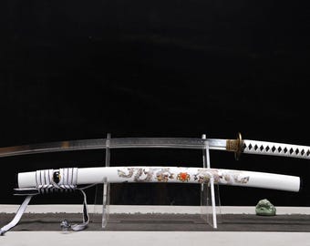 Plum Blossom Dragon Katana, T10 Steel Samurai Sword, Handmade Clay Tempered Flame Blade Katana, Japanese Sword