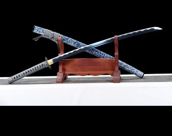 Hand forged Iron Dragon Katana, Medium Carbon Steel Blue Blade Samurai Sword, Handmade Japanese Style Display Katana