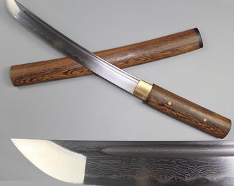 Handmade Pattern Steel Japanese Sword, Short Katana, Full Tang Samurai Sword, Burned Blade, Wood Saya, Collector Gift