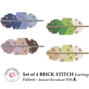 May include: Set of four brick stitch earring patterns. The patterns are for feather designs in various colours, including blue, green, brown, and beige.