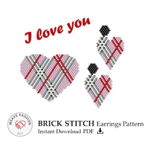 May include: Brick stitch earrings pattern featuring two pink and red plaid heart-shaped earrings with black beads. The pattern is for instant download as a PDF. The text "I love you" is written in red above the earrings.