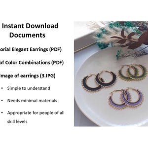 Peut inclure: Cinq documents téléchargeables instantanément pour la création de boucles d'oreilles élégantes. Les documents comprennent un tutoriel, des combinaisons de couleurs et trois images des boucles d'oreilles finies. Les boucles d'oreilles sont des créoles dorées avec des perles noires, vertes et violettes.