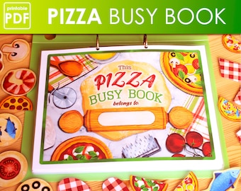 Könnte beinhalten: Ein buntes, druckbares Pizza-Beschäftigungsbuch mit einem roten, weißen und grünen Einband. Der Einband zeigt eine Pizza, einen Nudelholz, einen Pizzaschneider und Tomaten. Der Titel des Buches lautet "Dieses Pizza-Beschäftigungsbuch gehört zu."