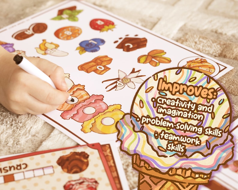 May include: A child's hand drawing on a white paper with colorful illustrations of ice cream and toppings. The paper includes the text "Improves: creativity and imagination, problem-solving skills, teamwork skills."