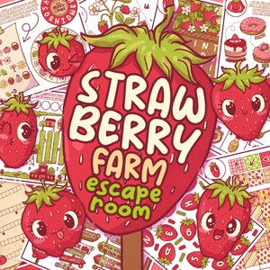 Può includere: Un gioco di escape room stampabile a tema fragola. Il gioco presenta una fragola grande con il testo "Strawberry Farm Escape Room".