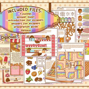 May include: A collection of colorful printable puzzles and games with an ice cream theme. Includes a diploma, answer sheets, and instructions. The text on the image says "INCLUDED FILES: 9 puzzles, answer sheet, introduction for escapers, answers for escapers, preparation guide, diploma."