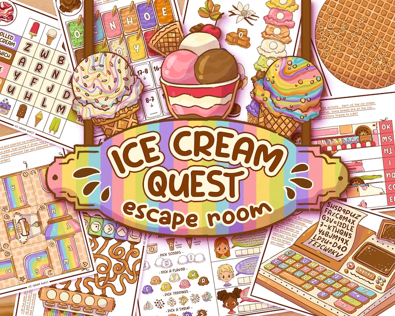 May include: A colorful illustration for an ice cream-themed escape room game. The image features various ice cream cones and sundaes, along with puzzle sheets and the text "ICE CREAM QUEST escape room". The design incorporates pastel colors and playful graphics.