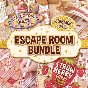 Può includere: Un set di giochi di fuga stampabili per bambini. I giochi sono a tema gelato, fragole e una fattoria. Il testo sull'immagine recita "Ice Cream Quest Escape Room", "Edizione estiva", "Escape Room Bundle" e "Strawberry Farm Escape Room".