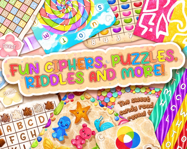 May include: A colorful illustration of a game board with the text "FUN CIPHERS, PUZZLES, RIDDLES AND MORE!"  The game board features a variety of puzzles, including a word search, a candy road, and a color wheel.