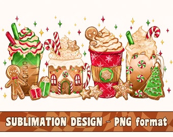 Design de sublimação de biscoito de gengibre para latte de Natal | Design de caneca de café | Desenhado à mão | Ideia de presente de Natal | Embalagem para copo | Camiseta PNG