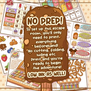 May include: A colorful educational game with an ice cream theme. The image includes various game elements, such as puzzles, mazes, and word games. Text on the image reads "NO PREP!" and "LOW INK AS WELL!" The game is designed to be printed and ready to play.
