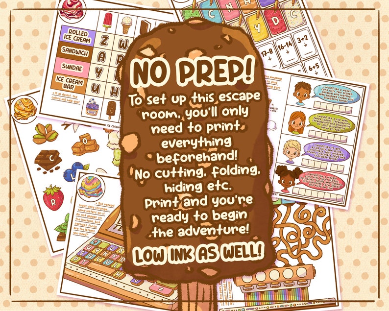 May include: A colorful educational game with an ice cream theme. The image includes various game elements, such as puzzles, mazes, and word games. Text on the image reads "NO PREP!" and "LOW INK AS WELL!" The game is designed to be printed and ready to play.