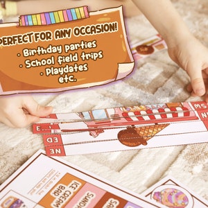 May include: A child assembling a colorful ice cream-themed puzzle. The puzzle pieces feature illustrations of ice cream cones, sundaes, and an ice cream bar. Text on the puzzle reads "PERFECT FOR ANY OCCASION!" including birthday parties, school field trips, and playdates.