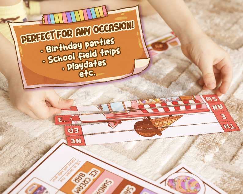 May include: A child assembling a colorful ice cream-themed puzzle. The puzzle pieces feature illustrations of ice cream cones, sundaes, and an ice cream bar. Text on the puzzle reads "PERFECT FOR ANY OCCASION!" including birthday parties, school field trips, and playdates.