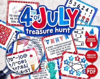 Caça ao tesouro indoor para o dia 4 de julho | Kit para sala de escape | Caça ao tesouro no Dia da Independência | Jogo de festa patriótico para crianças | Noite de jogos em família