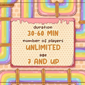 May include: A colorful illustration of a game with rainbow-colored pipes and a central information panel. The panel displays game details: duration 30-60 minutes, unlimited players, and age 7 and up. The background features a brick pattern.