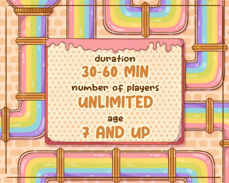 May include: A colorful illustration of a game with rainbow-colored pipes and a central information panel. The panel displays game details: duration 30-60 minutes, unlimited players, and age 7 and up. The background features a brick pattern.