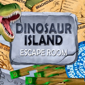 May include: A gray stone sign with the text "Dinosaur Island Escape Room" in black letters. The sign is surrounded by illustrations of dinosaurs, including a green Tyrannosaurus Rex, a Brachiosaurus, and a Triceratops.