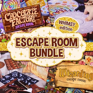 Może przedstawiać: Zestaw trzech gier typu escape room, w tym Chocolate Factory Escape Room, Whimsy Edition i Wizarding Escape Room. Gry zawierają kolorowe ilustracje i plansze do gry.