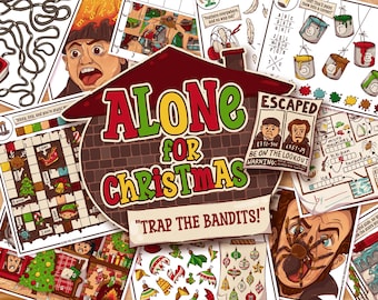 May include: A collection of Christmas-themed game cards and illustrations. The central image features the text "Alone for Christmas" in red, green, and yellow. Surrounding images include game boards, character illustrations, and the phrase "Trap the Bandits!"