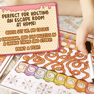 May include: A print-and-play escape room game with an ice cream theme. The game includes puzzles and a unique story. The image shows a hand holding a marker over a maze, with the text "Perfect for hosting an escape room at home!"