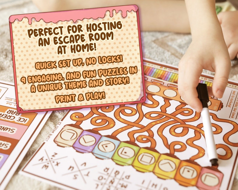 May include: A print-and-play escape room game with an ice cream theme. The game includes puzzles and a unique story. The image shows a hand holding a marker over a maze, with the text "Perfect for hosting an escape room at home!"
