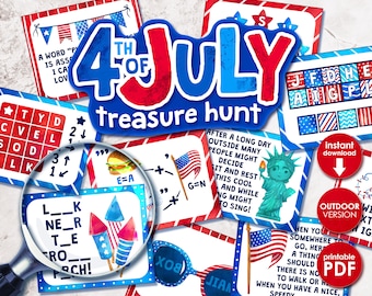 Caça ao tesouro ao ar livre de 4 de julho | Festa patriótica para imprimir | Dia da Independência educacional | Jogo de escape room para excursão de acampamento de verão no quintal