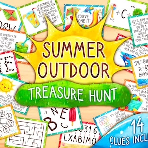 Sommer im Freien Schatzsuche Hinweis Karten | Party Spiel für Kinder | Escape Room Kit DIY | Schnitzeljagd | Urlaub Garten Spiel Print